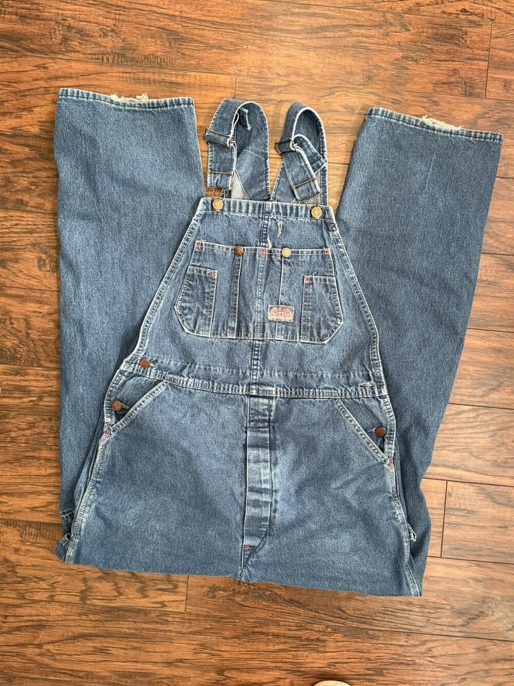 Round House Made in USA Denim Bib Overalls 34x34 Distressed Carpenter Workwear